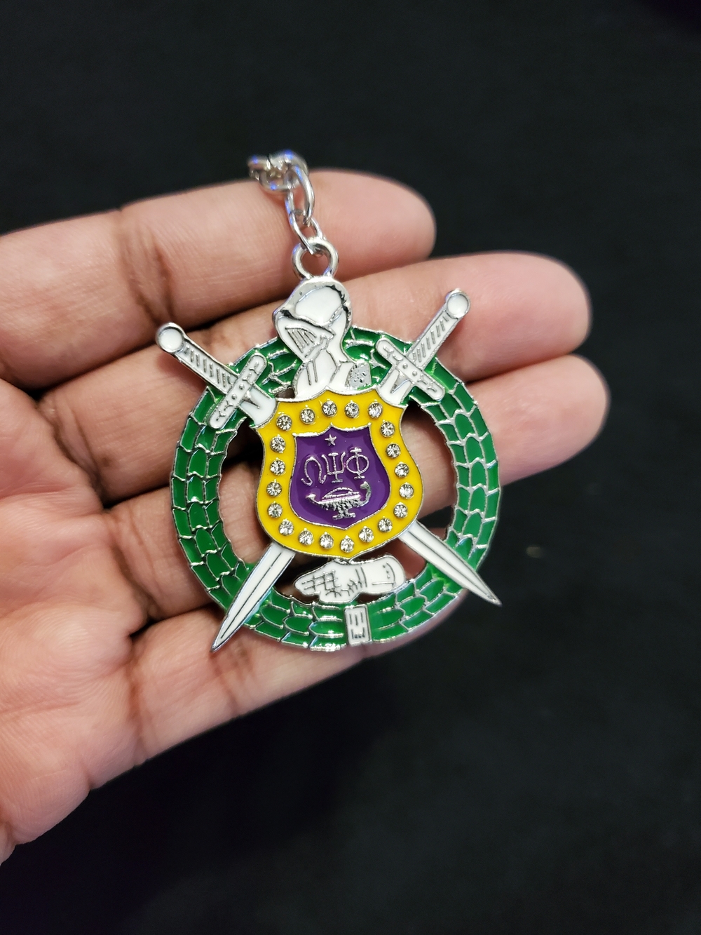 Fraternity Shield & Swords Omega Keyring in Green, Purple and Gold
